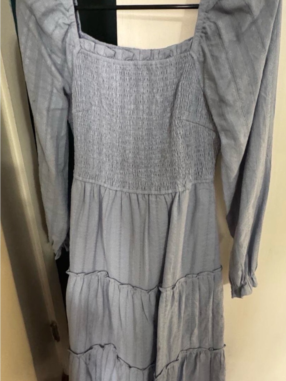 Smocked Square-Neck Long Sleeve Midi Dress in Dusty Blue